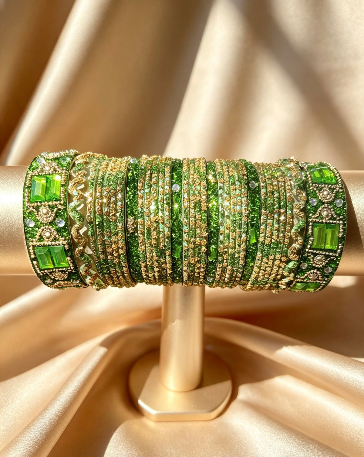 Green/Gold Glass Bangle Set 2.6"