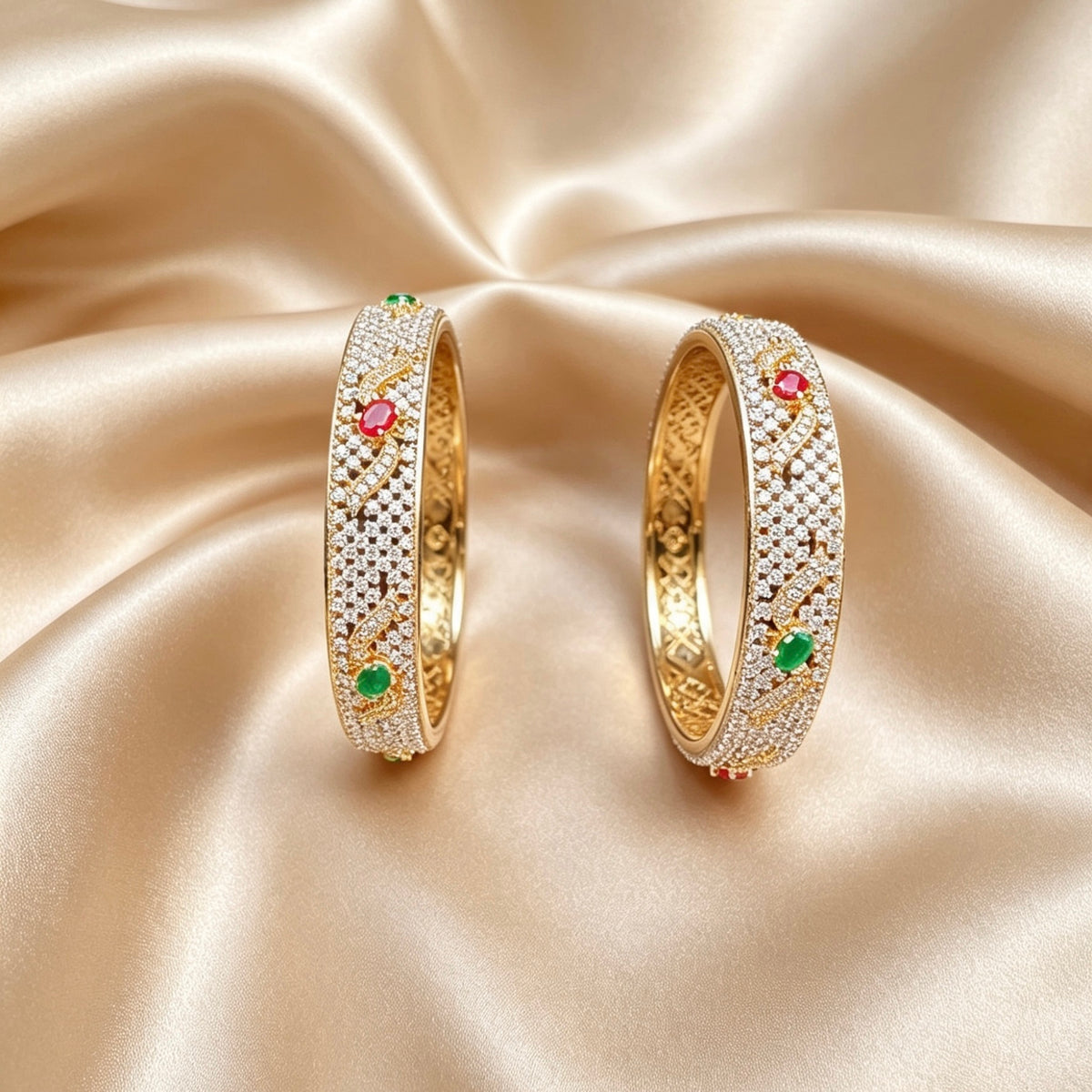 Gold Ruby & Emerald Crystal Kara Pair 2.6"