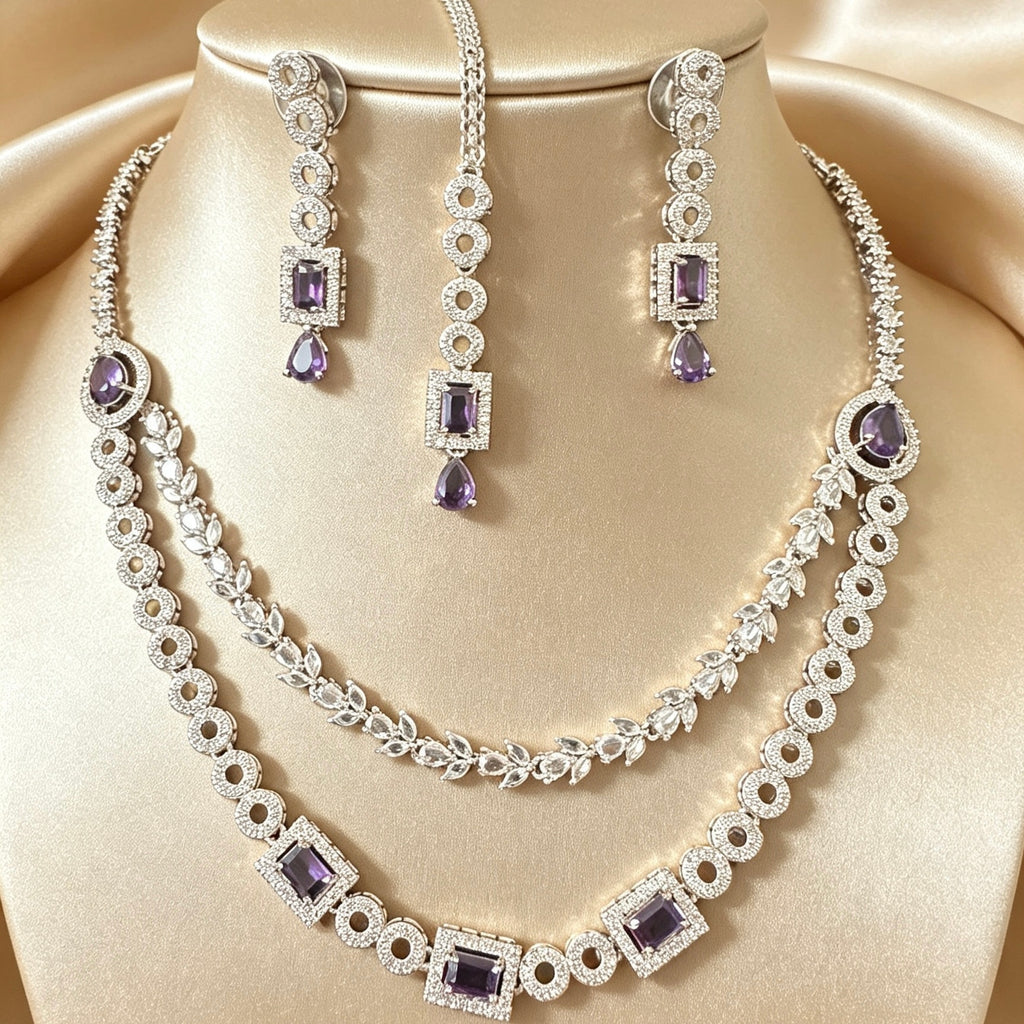 American Diamond Double Layer Purple Set